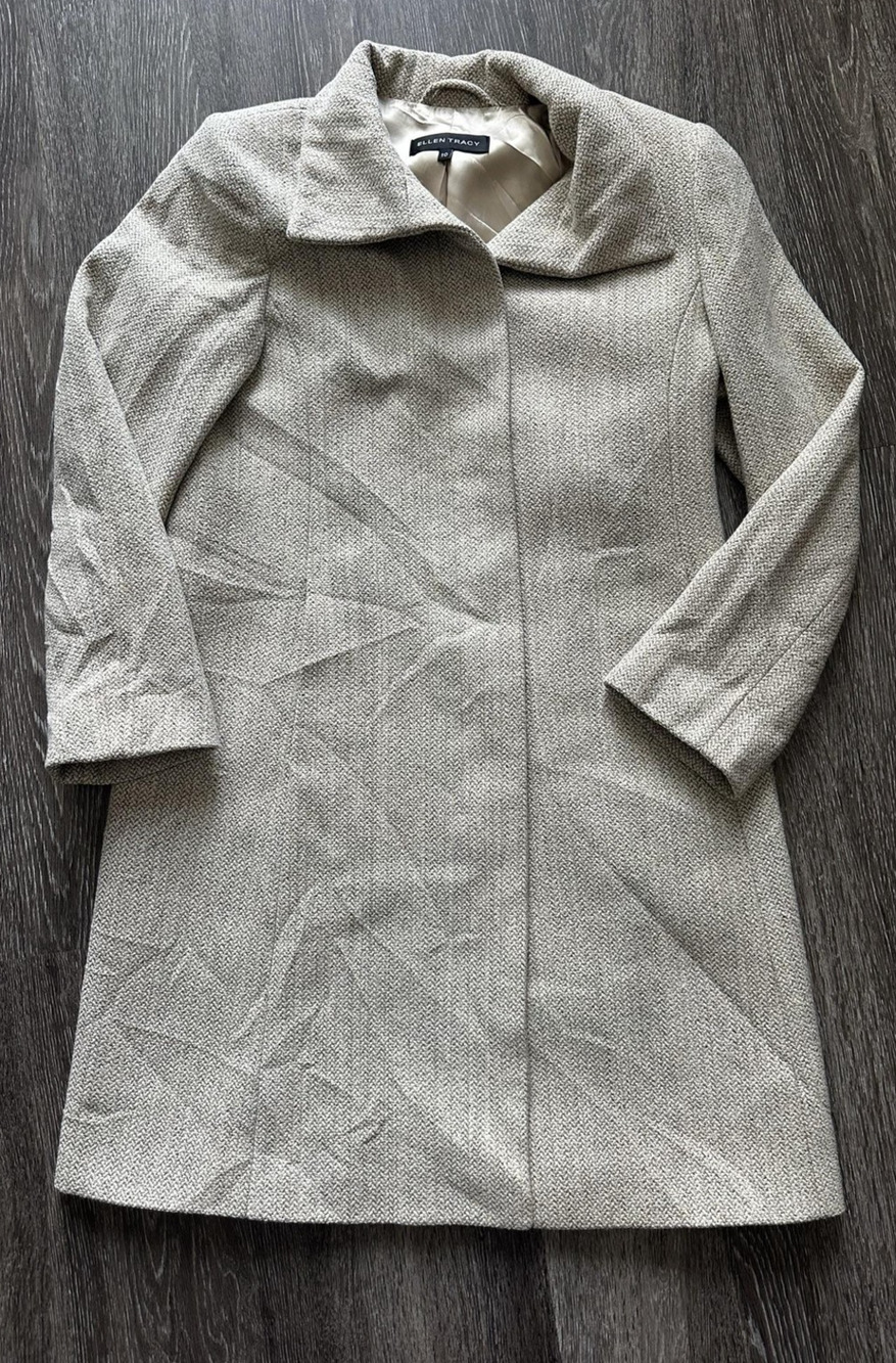 Ellen Tracy Coat Womens 10 Beige Wool Blend Herringbone Tweed Made Poland
